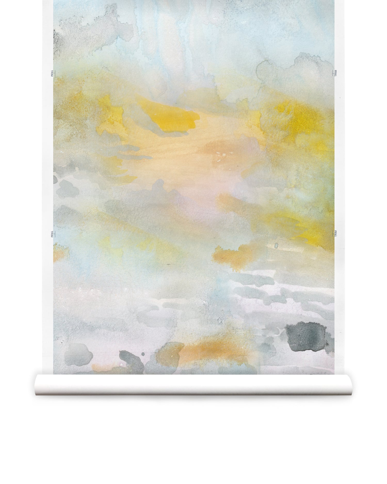Wallpaper roll of an ethereal watercolor mural in shades of blue, green, yellow and grey. 