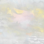 Wallpaper detail of an ethereal watercolor mural in pastel shades of blush pink, yellow, aqua and grey. 