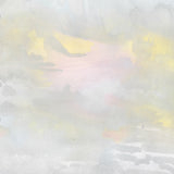 Wallpaper detail of an ethereal watercolor mural in pastel shades of blush pink, yellow, aqua and grey. 