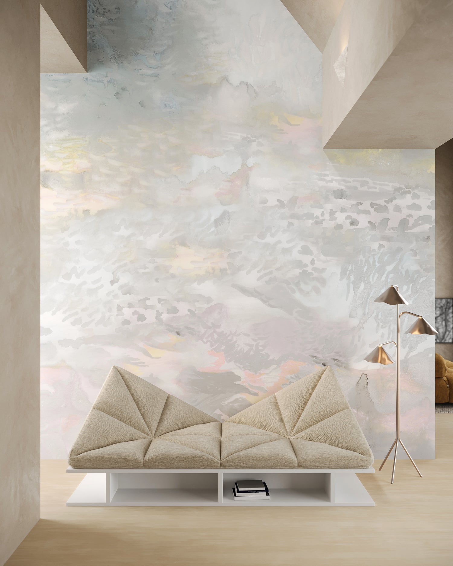 Living room with modernist couch and lamp against ethereal watercolor mural in blush pink, yellow, aqua and grey. 