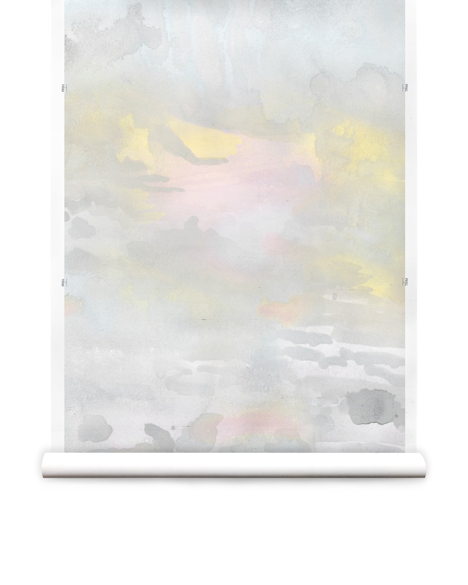 Wallpaper roll of an ethereal watercolor mural in shades  blush pink, yellow, aqua and grey. 