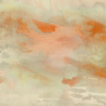 Wallpaper detail of an ethereal watercolor mural in pastel shades of rust red, warm orange, tan, and taupe.