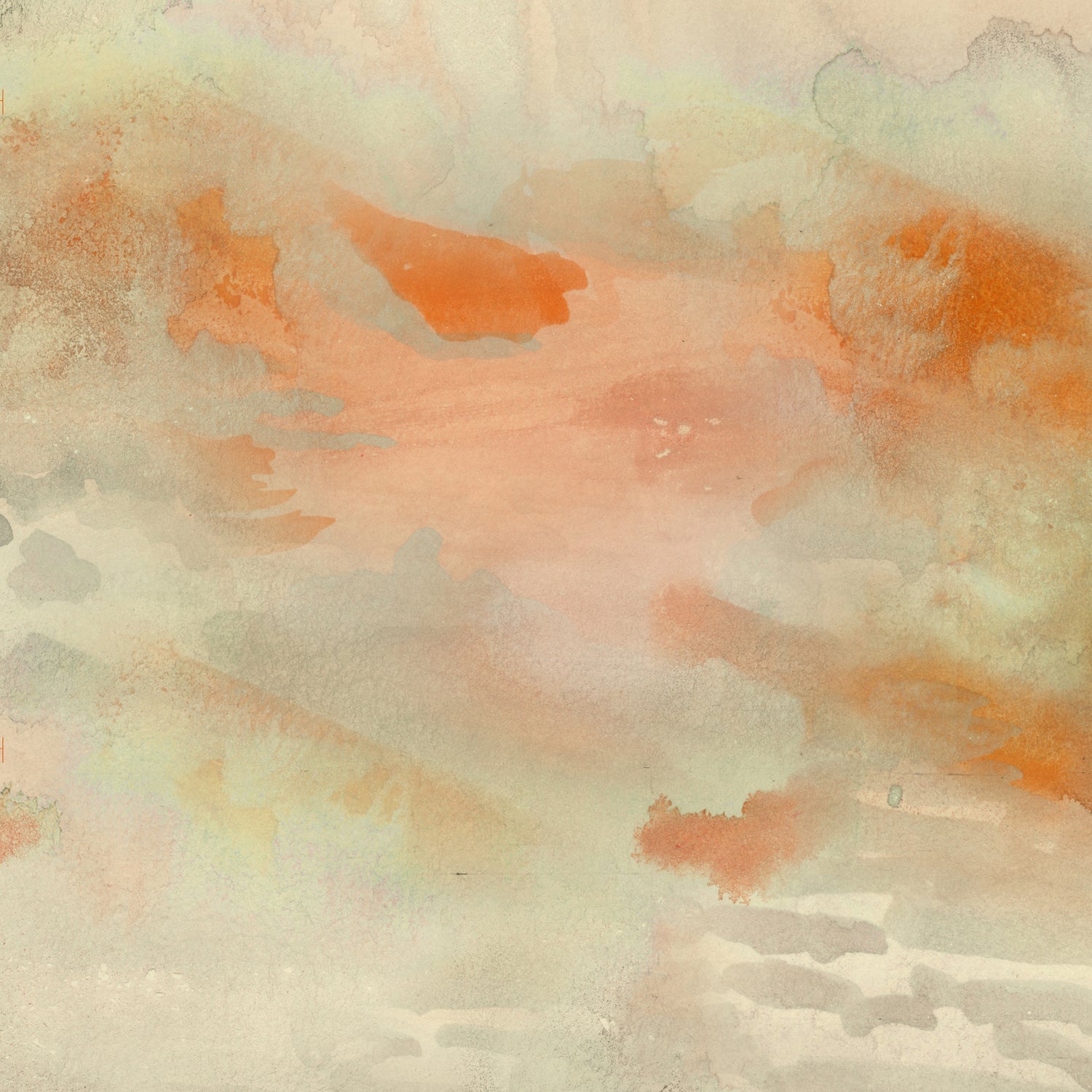 Wallpaper detail of an ethereal watercolor mural in pastel shades of rust red, warm orange, tan, and taupe.