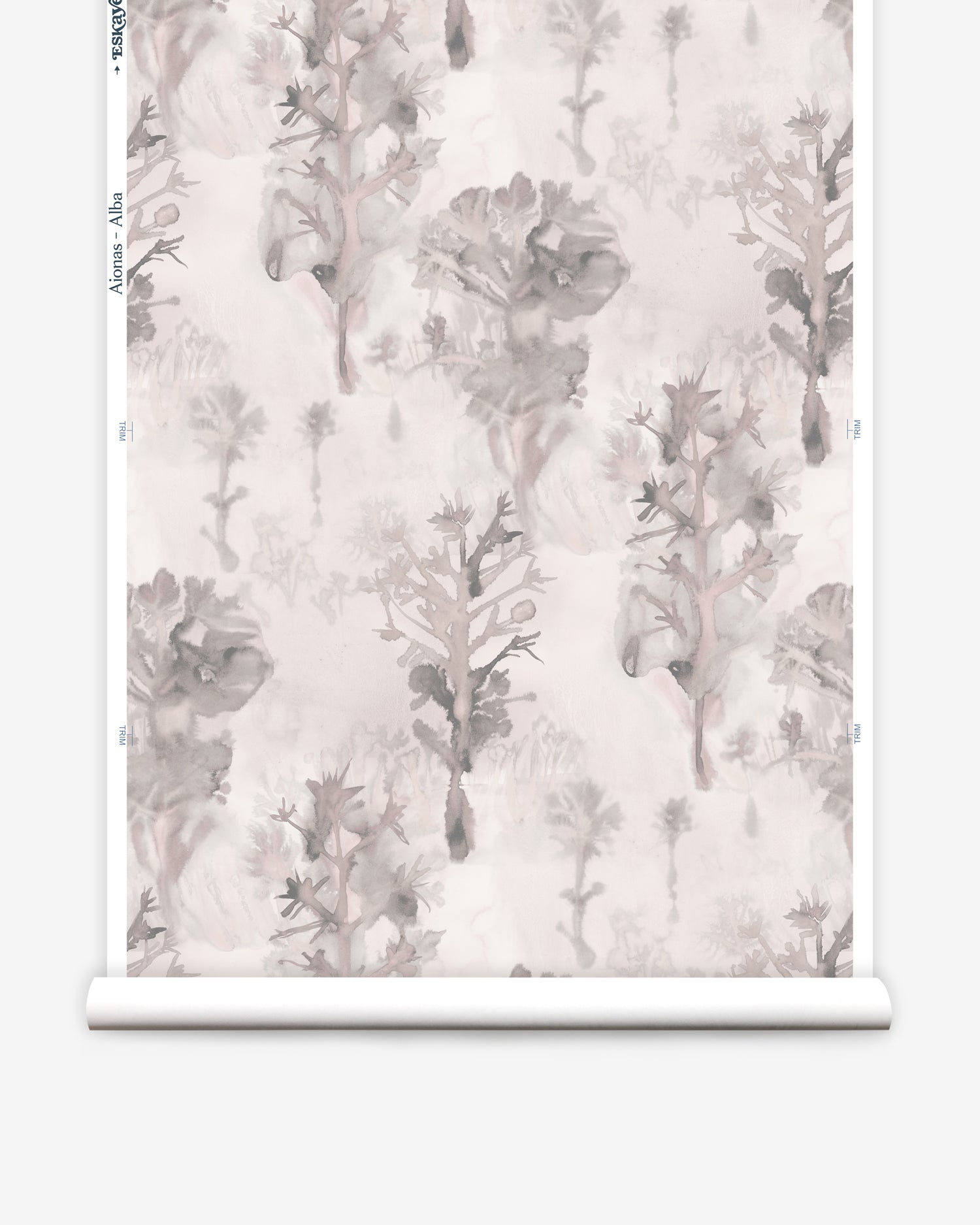 Wallpaper roll in a watercolor tree print in shades of light gray and pink on a cream field.