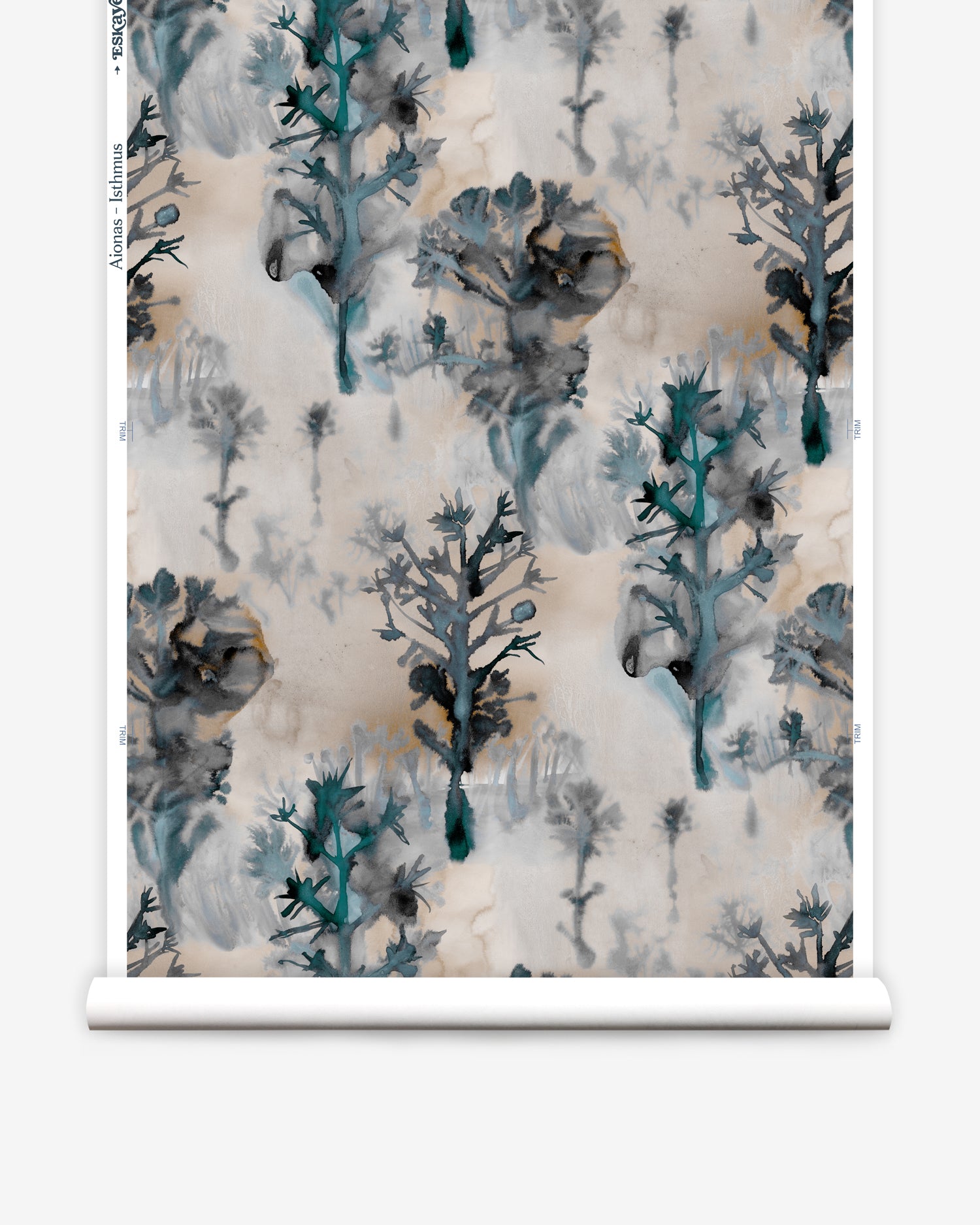 Wallpaper roll in a watercolor tree print in shades of turquoise, gray and gold on a cream field.