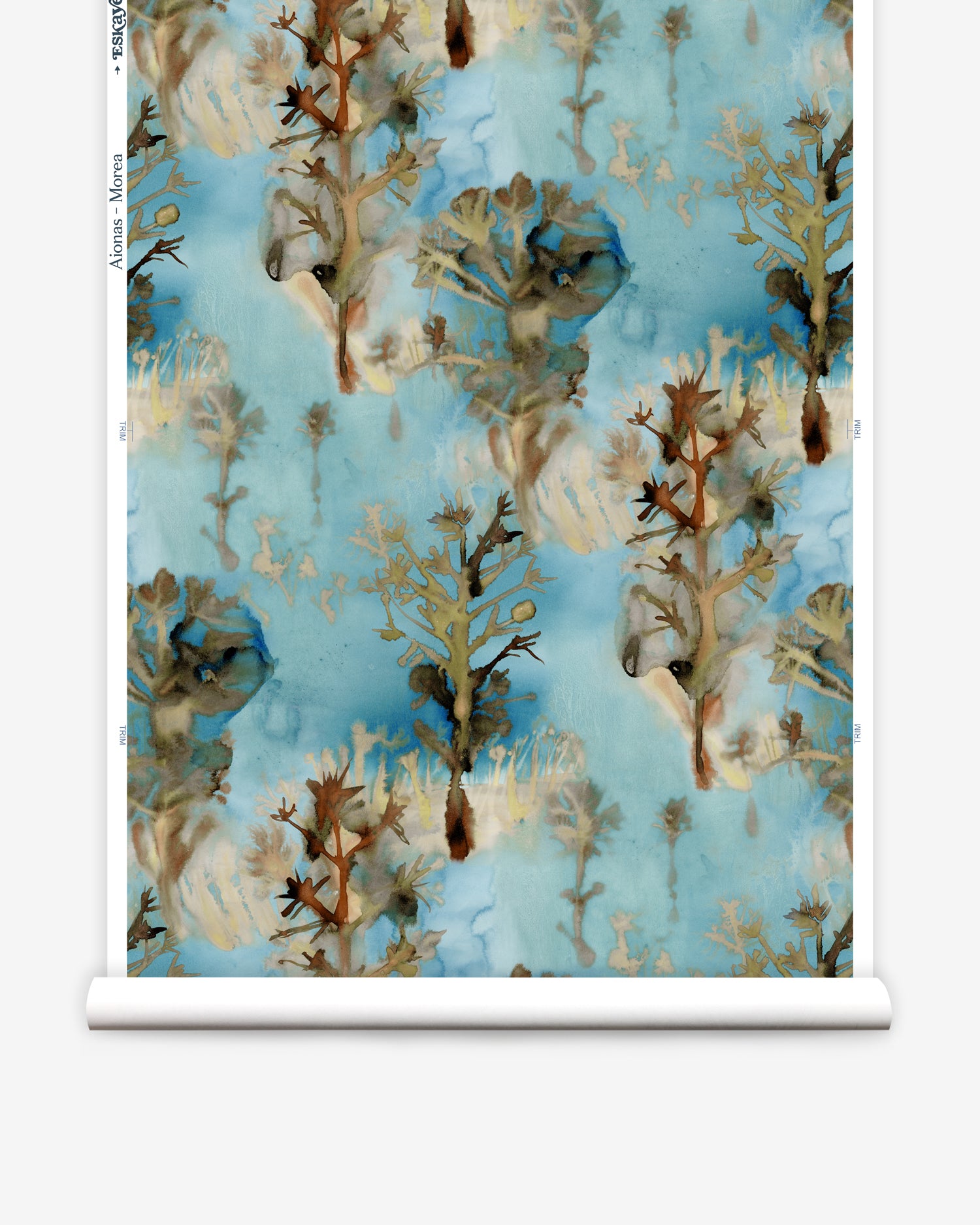 Wallpaper roll in a watercolor tree print in shades of tan and gray on a blue field.