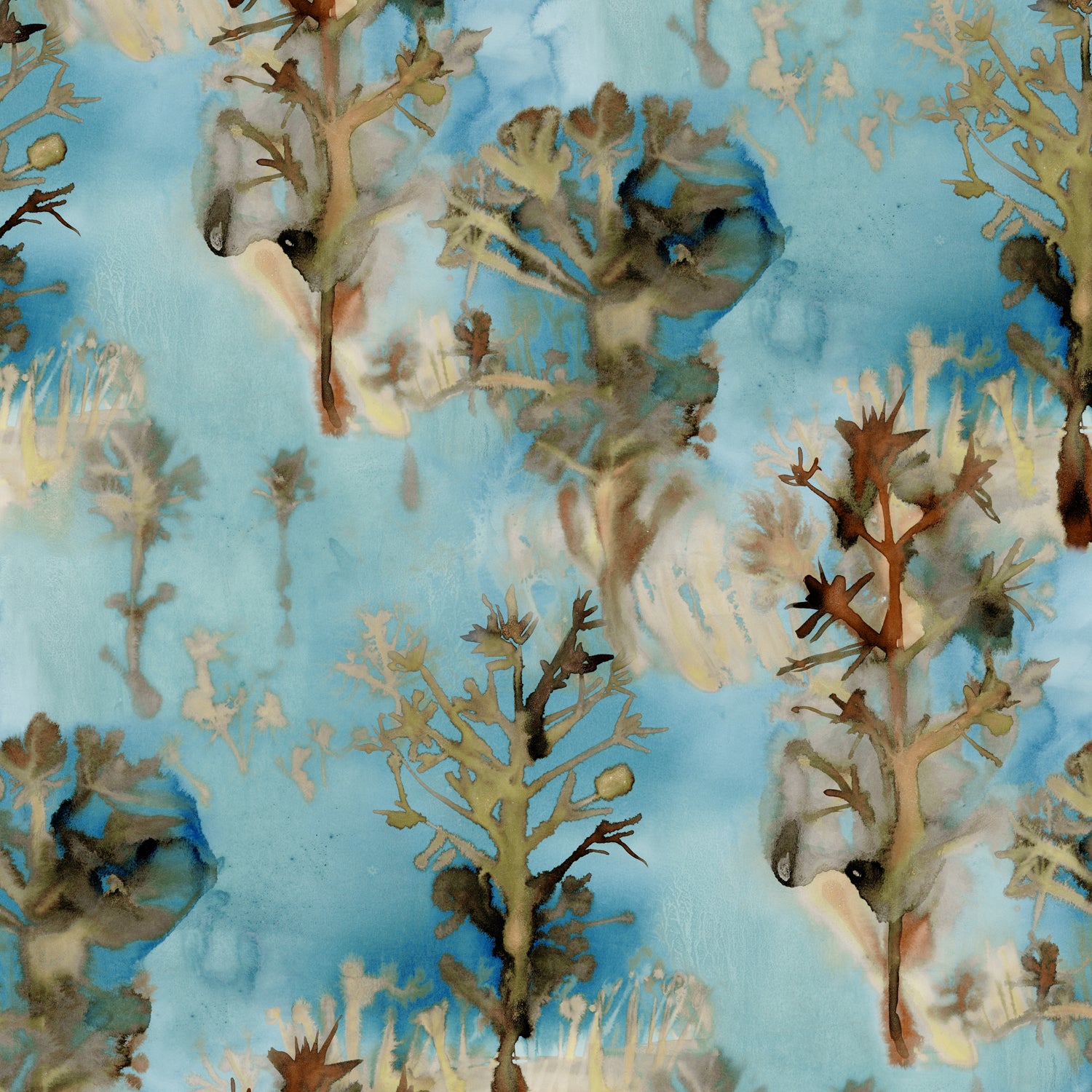 Detail of wallpaper in a watercolor tree print in shades of tan and gray on a blue field.