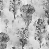 Detail of wallpaper in a watercolor tree print in shades of gray and black on a white field.
