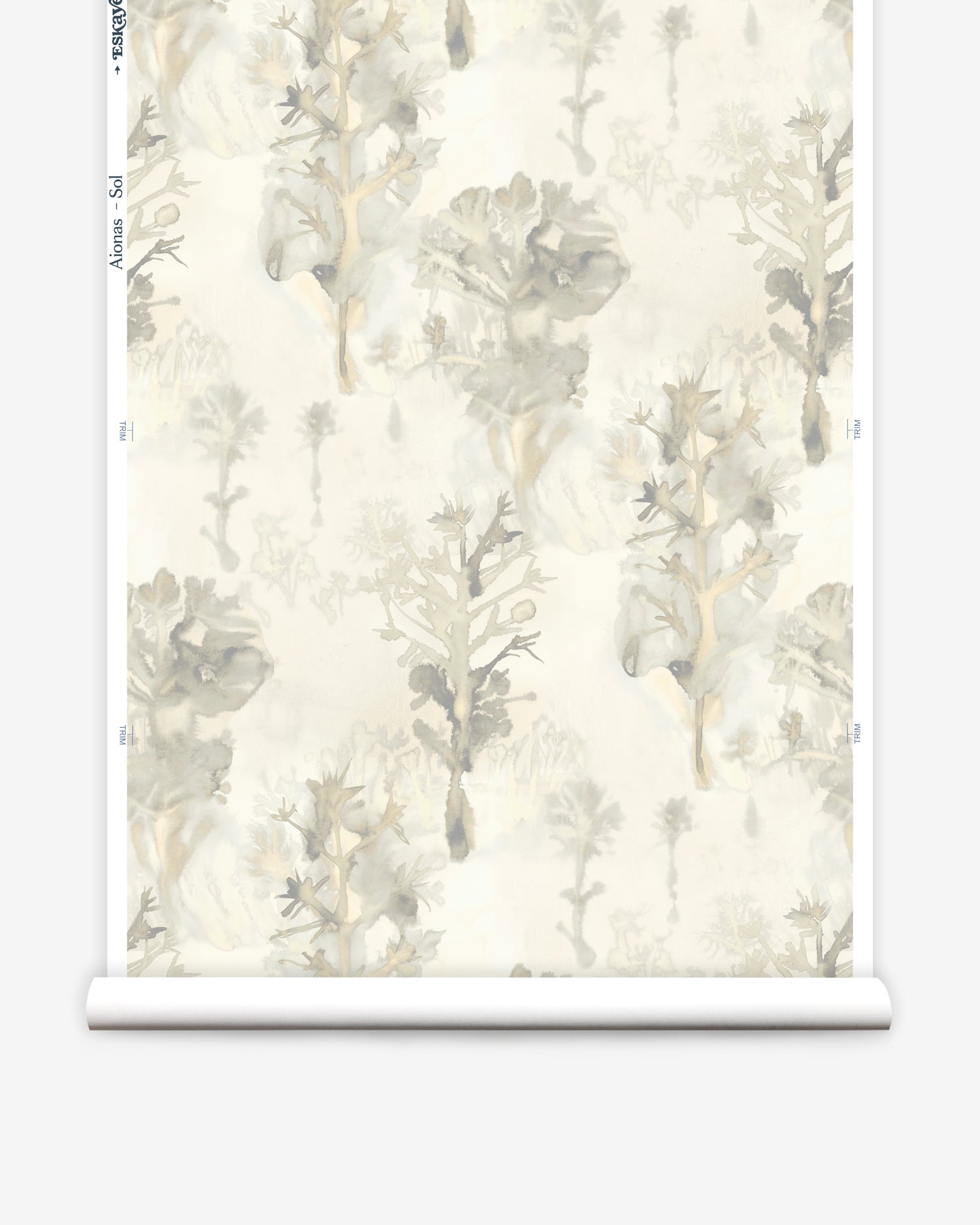 Wallpaper roll in a watercolor tree print in shades of tan and gray on a white field.