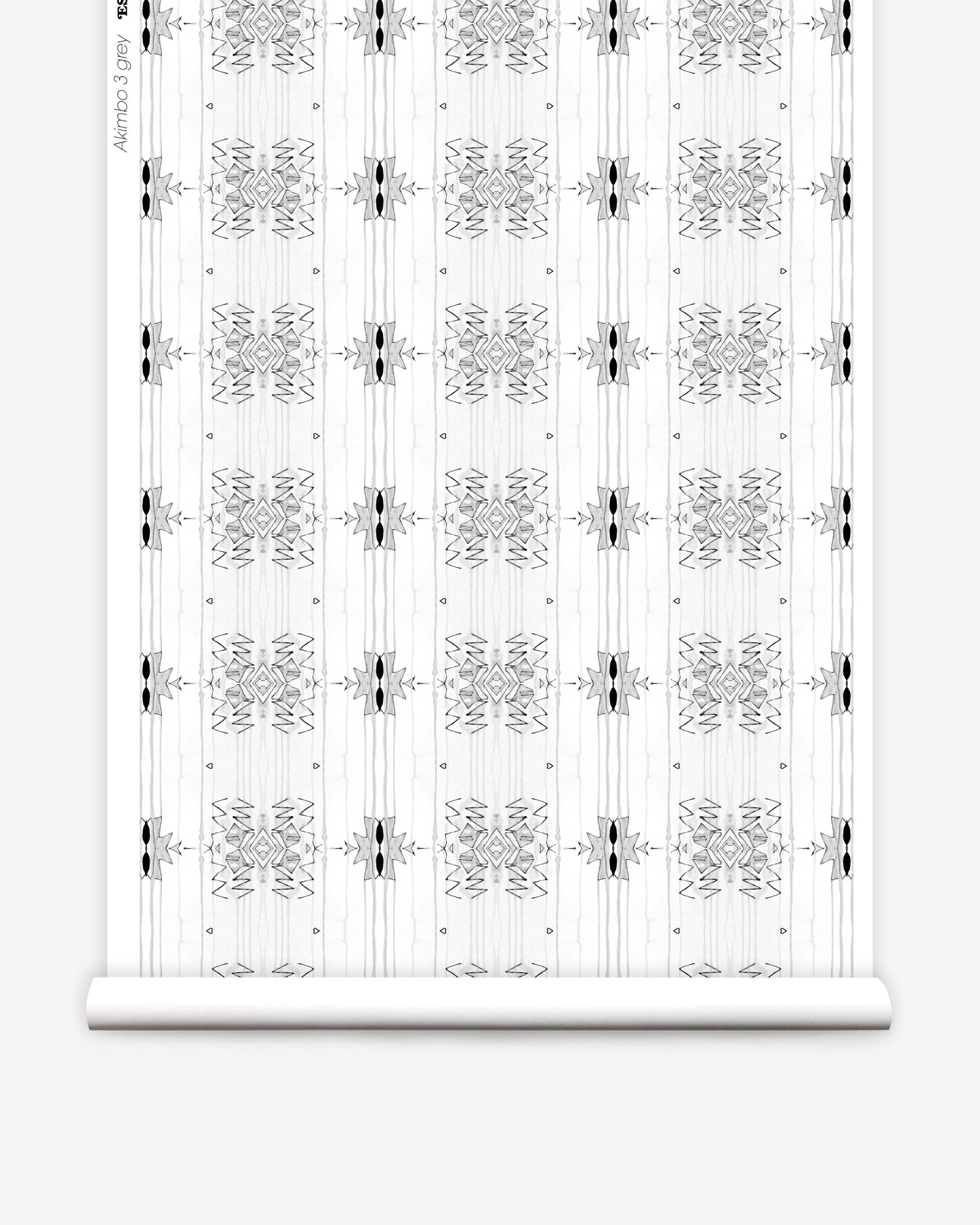 Wallpaper roll in a minimalist ikat pattern in shades of gray on a white field.