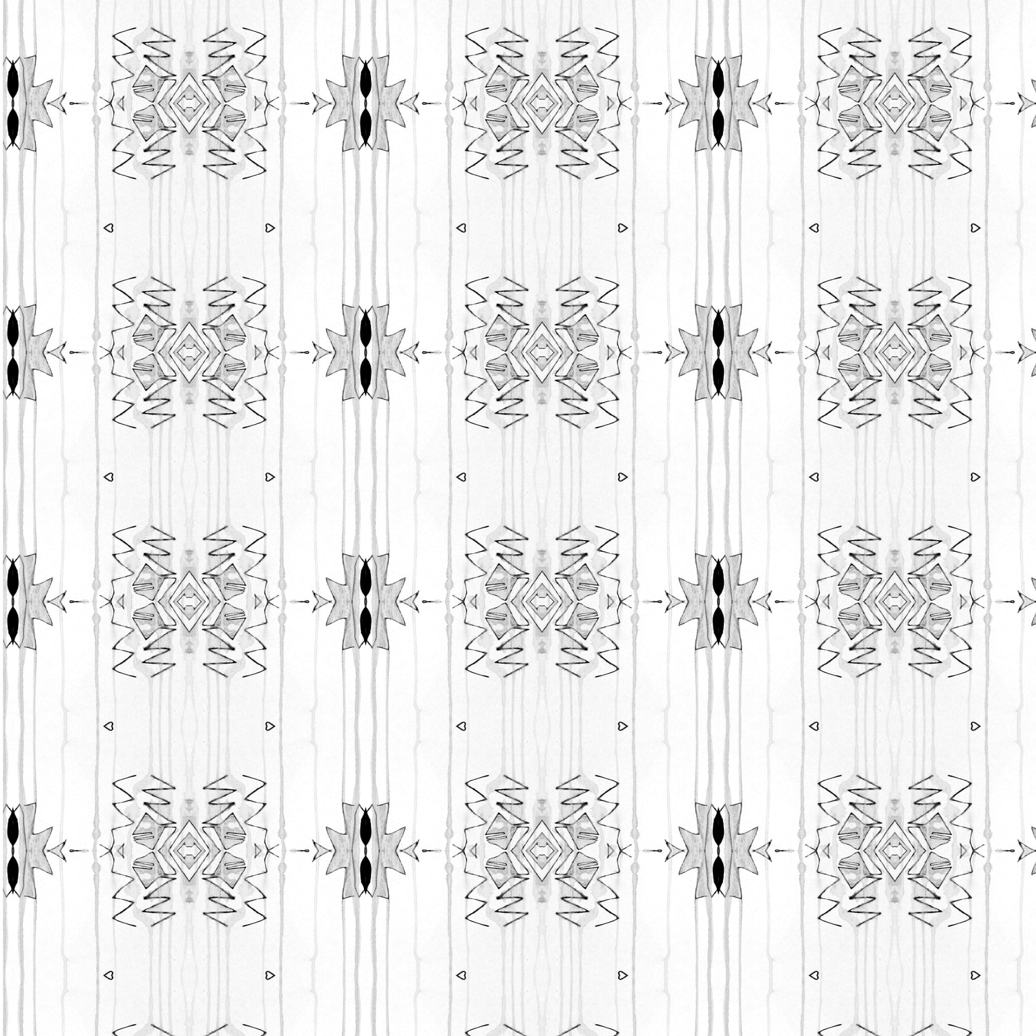 Detail of wallpaper in a minimalist ikat pattern in shades of gray on a white field.