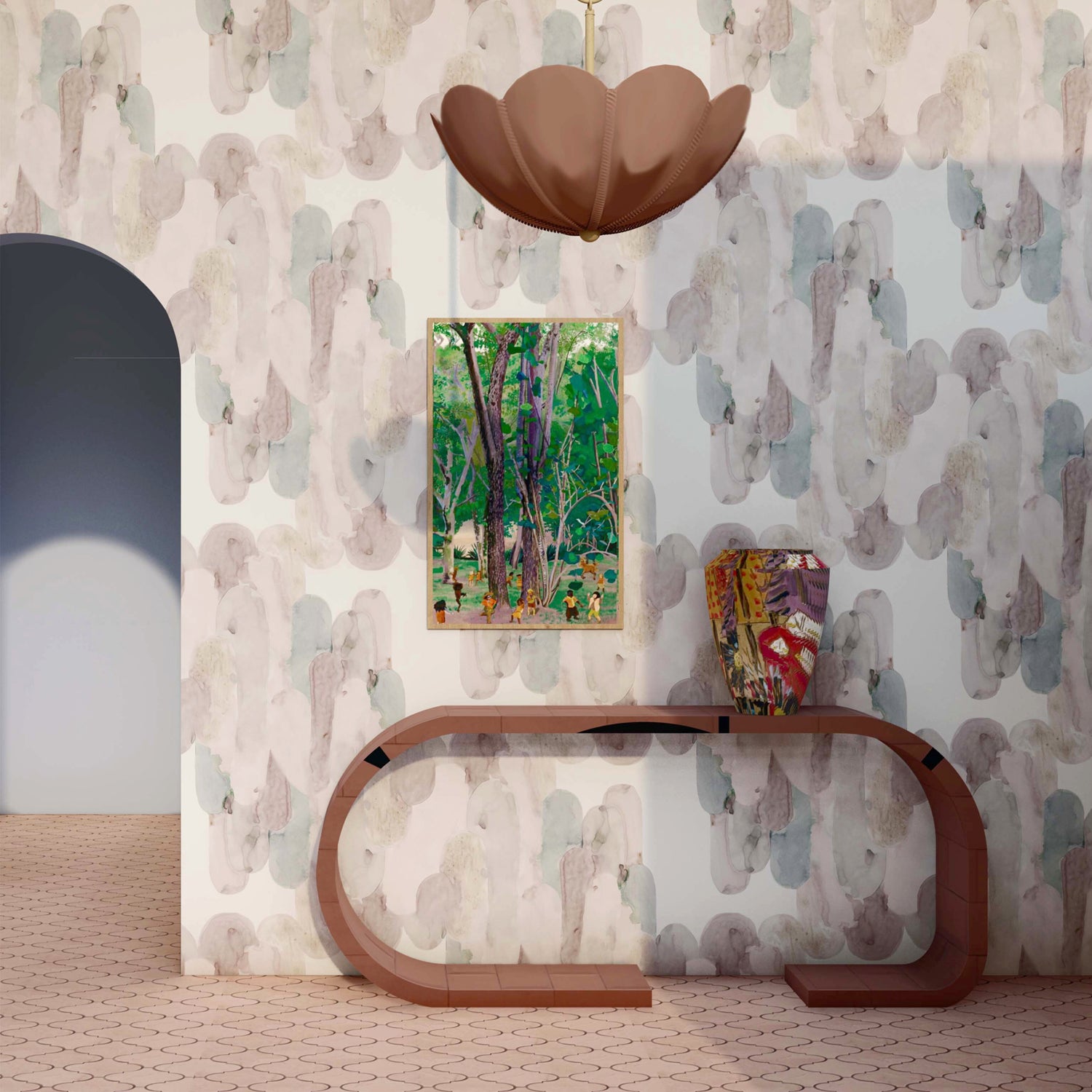 Interior with a sculputral console table against wallaper 'in watercolor elongated pill pattern in soft purple, tan and teal on a white field.