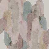 Detail of wallpaper in watercolor elongated pill pattern in soft purple, tan and teal on a white field.