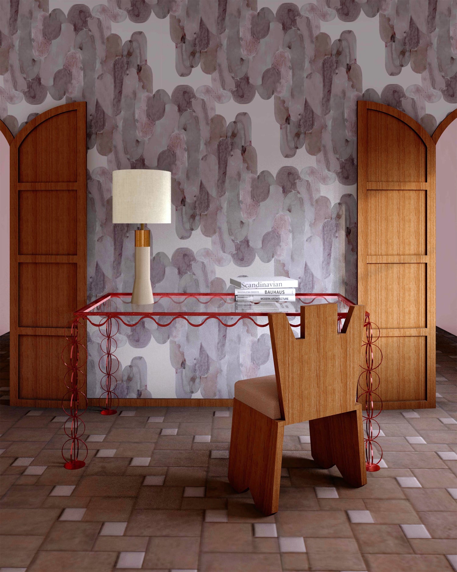 Home office wallpapered in watercolor elongated pill pattern in moody purple on a white field with a sculptural red metal desk. 
