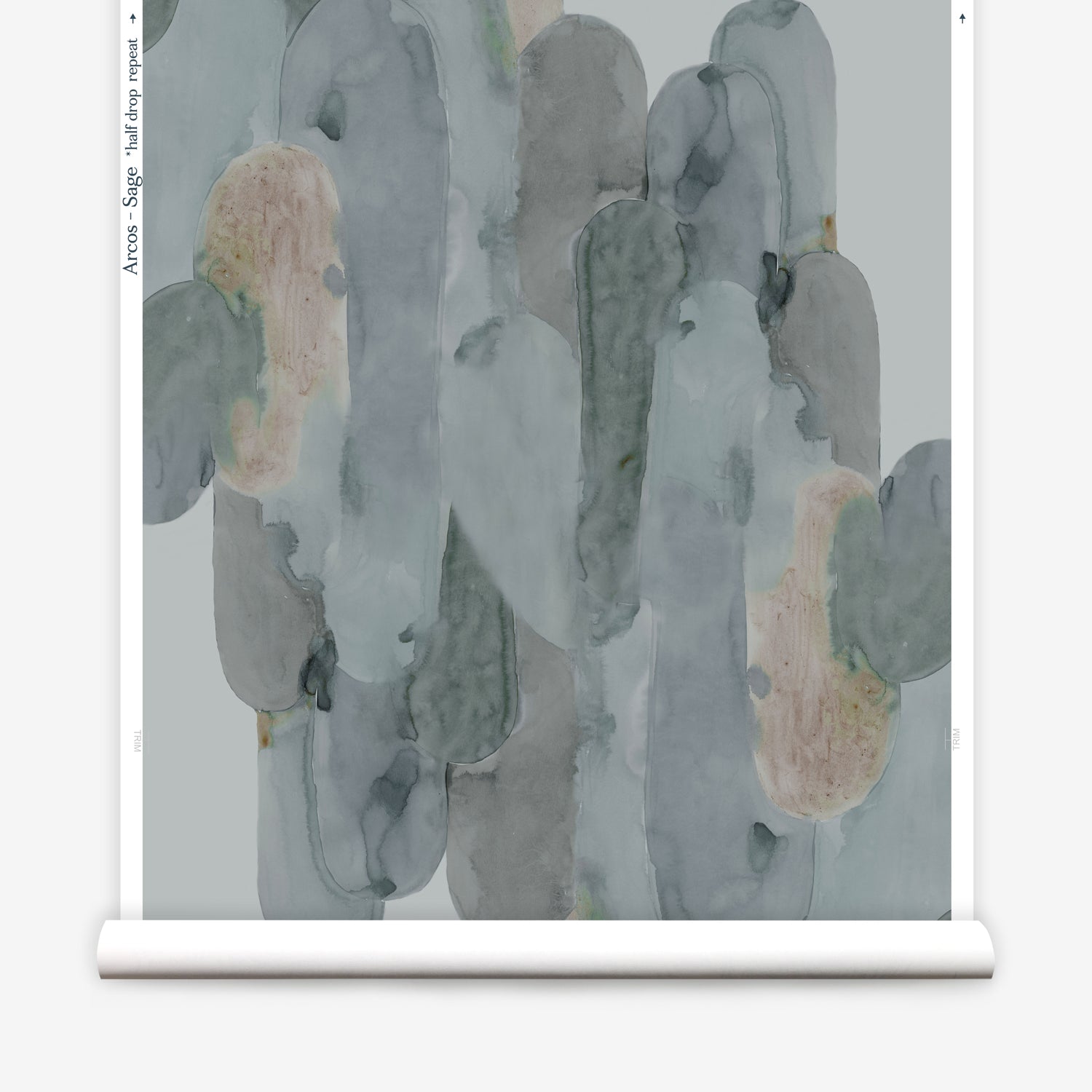 Wallpaper roll in watercolor elongated pill pattern in moody blues and taupe on a white field.