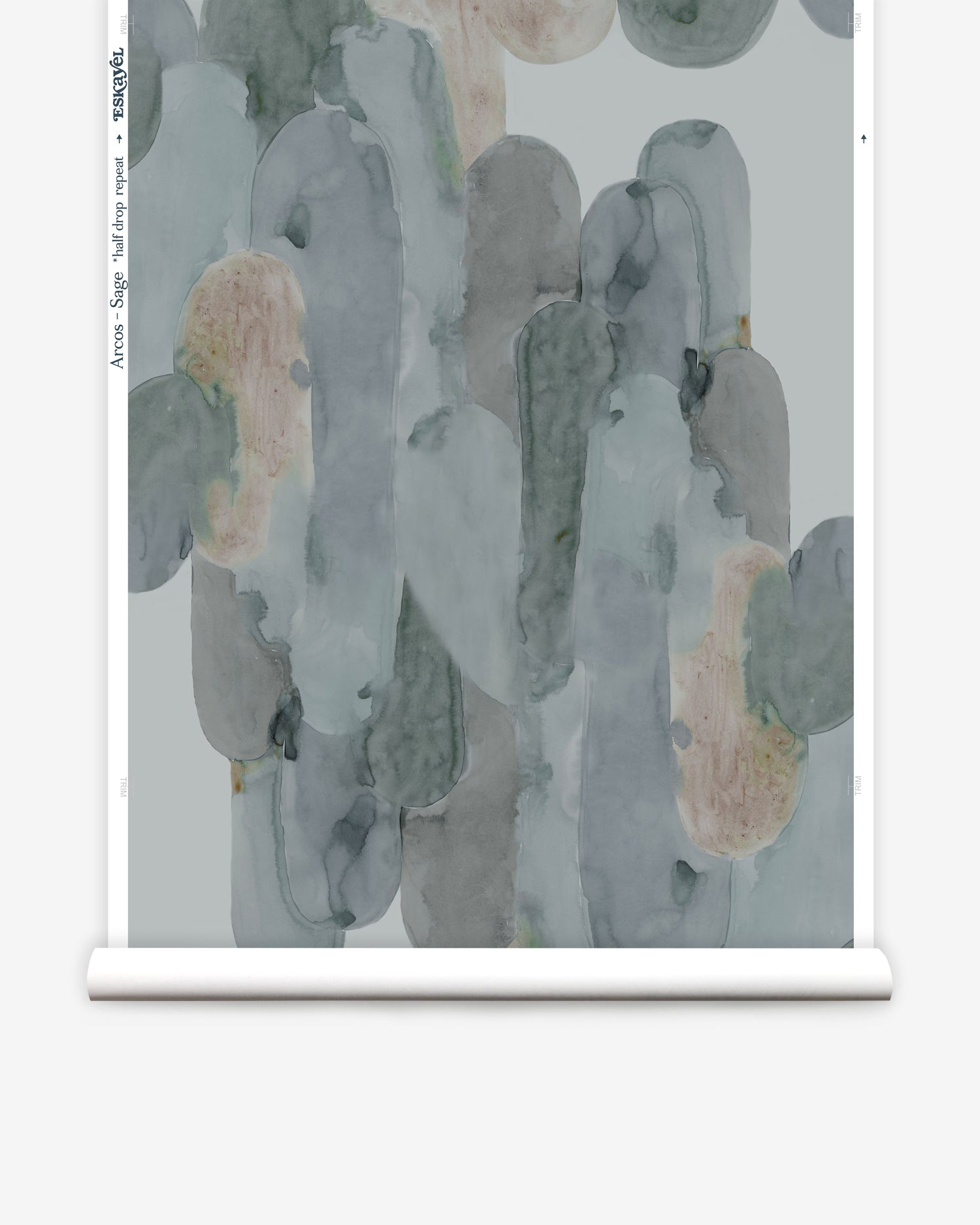 Wallpaper roll in watercolor elongated pill pattern in moody blues and taupe on a white field.