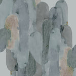 Detail of wallpaper in watercolor elongated pill pattern in moody blues and taupe on a white field.