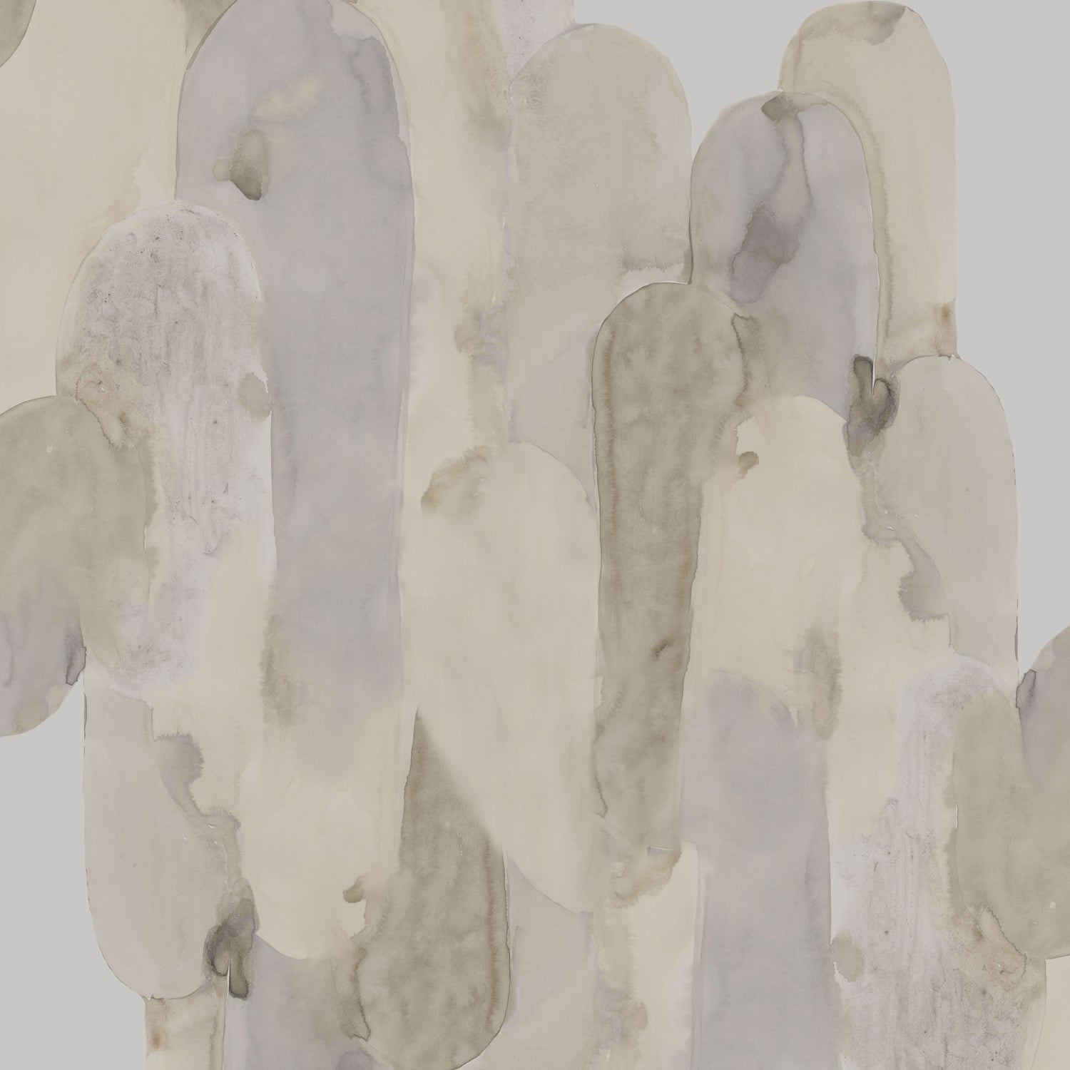 Detail of wallpaper in watercolor elongated pill pattern in tan, taupe and grey on a white field.