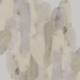 Detail of wallpaper in watercolor elongated pill pattern in tan, taupe and grey on a white field.