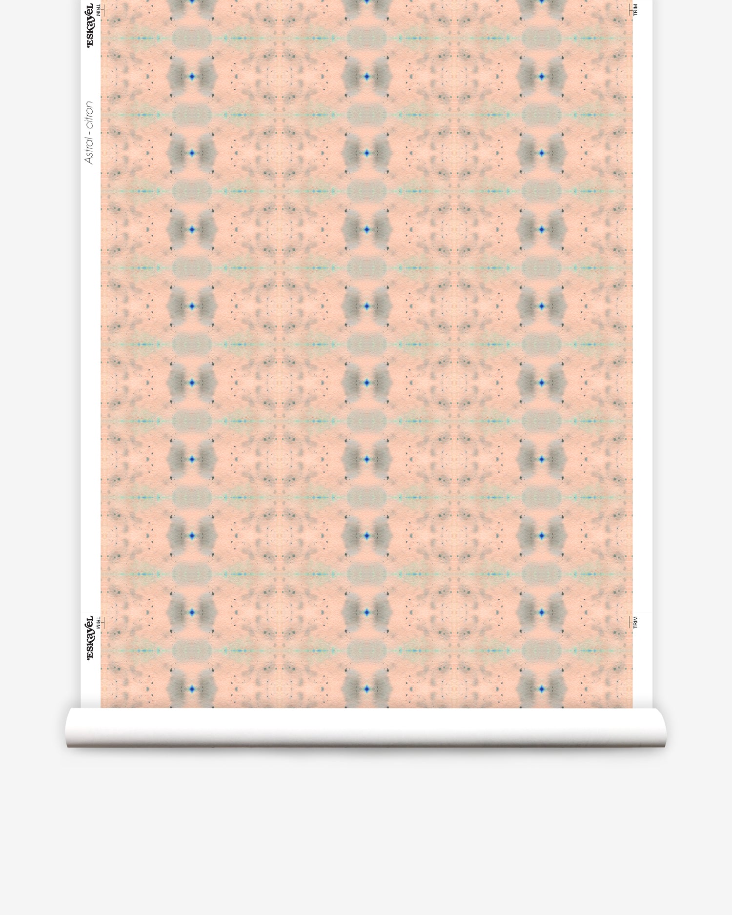 Wallpaper roll in a repeating ink blot print in shades of gray with turquoise and pink accents.