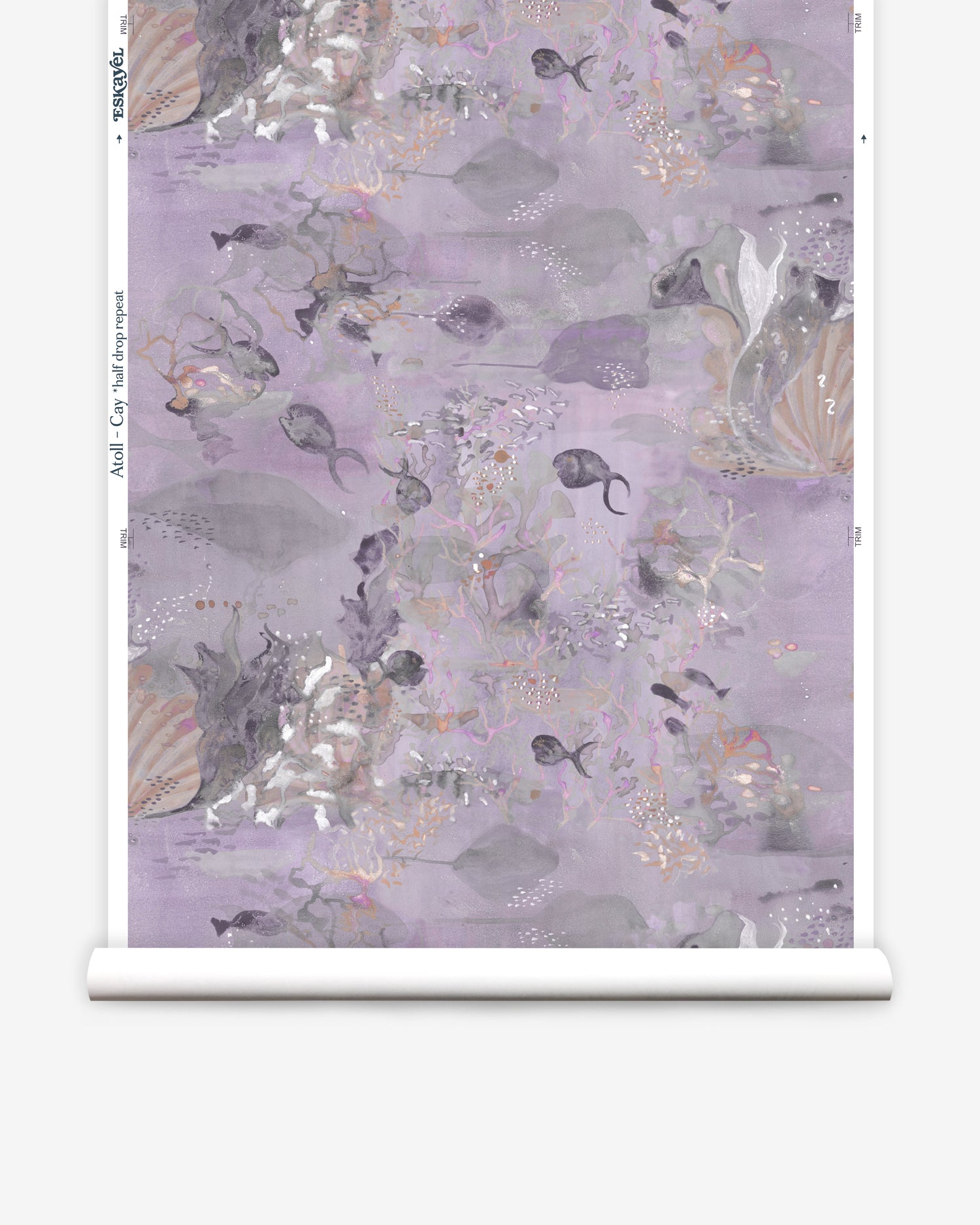 Wallpaper roll in an underwater sealife scene in shades of light purple. 