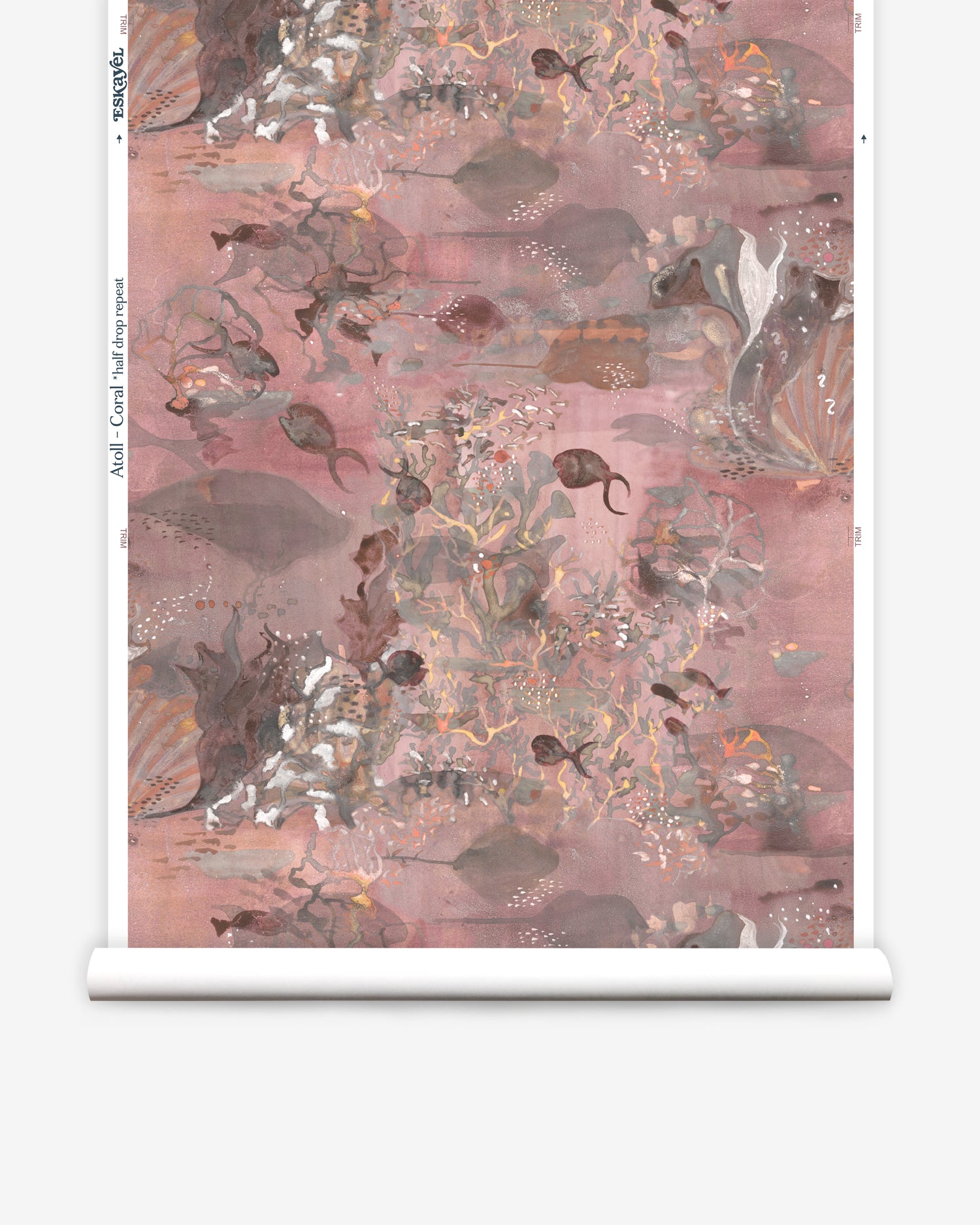Wallpaper roll in an underwater sealife scene in shades of warm blush and grey. 