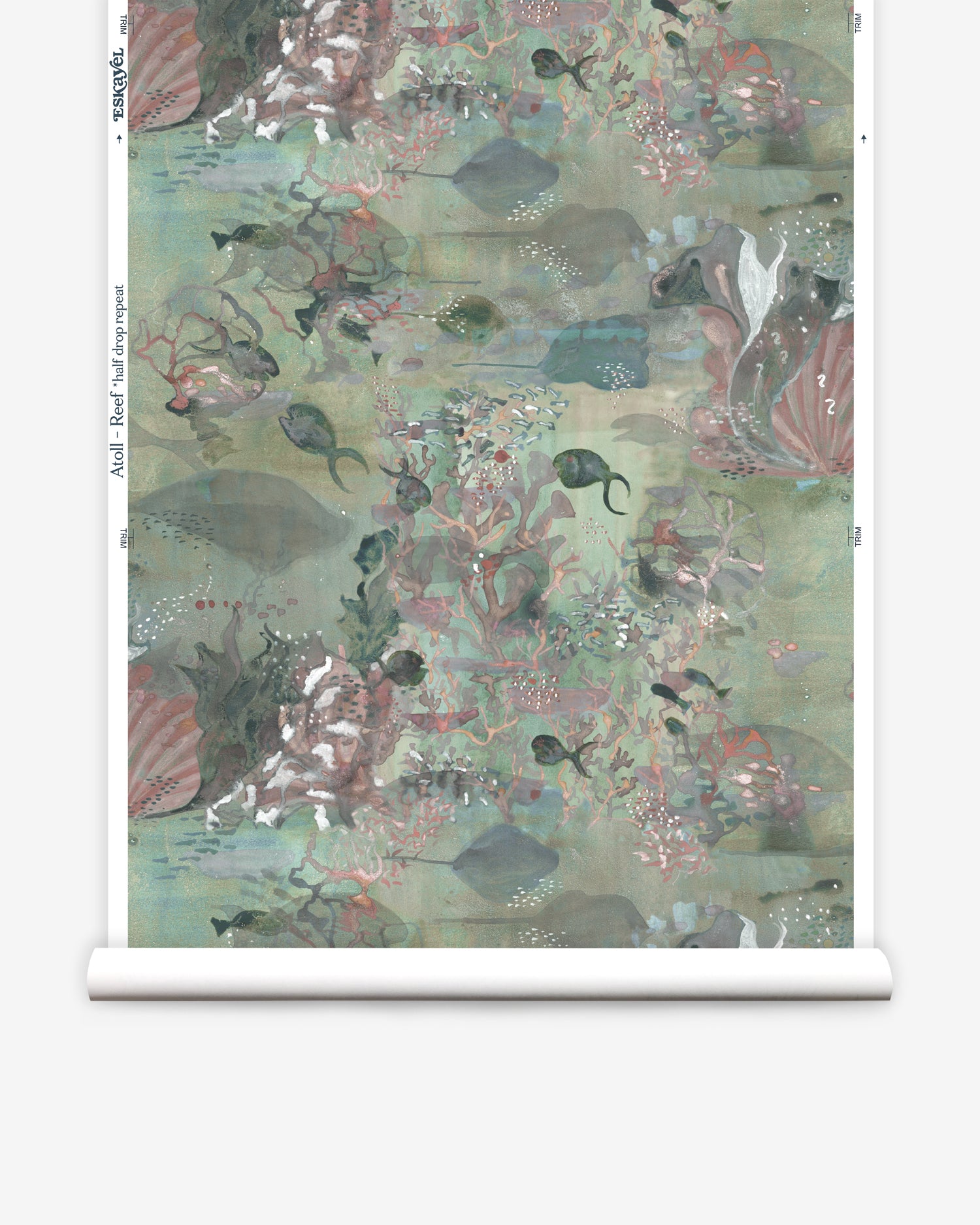 Wallpaper roll in an underwater sealife scene in shades of sage green with coral accents. 