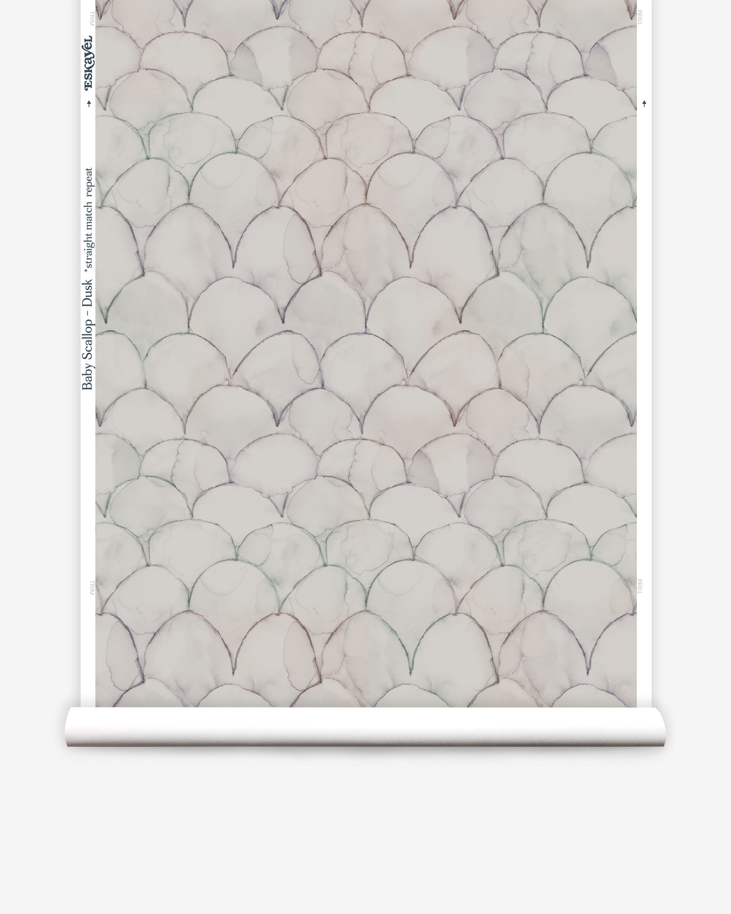 Wallpaper roll in a watercolor linear scallop pattern in navy on a cream field. 