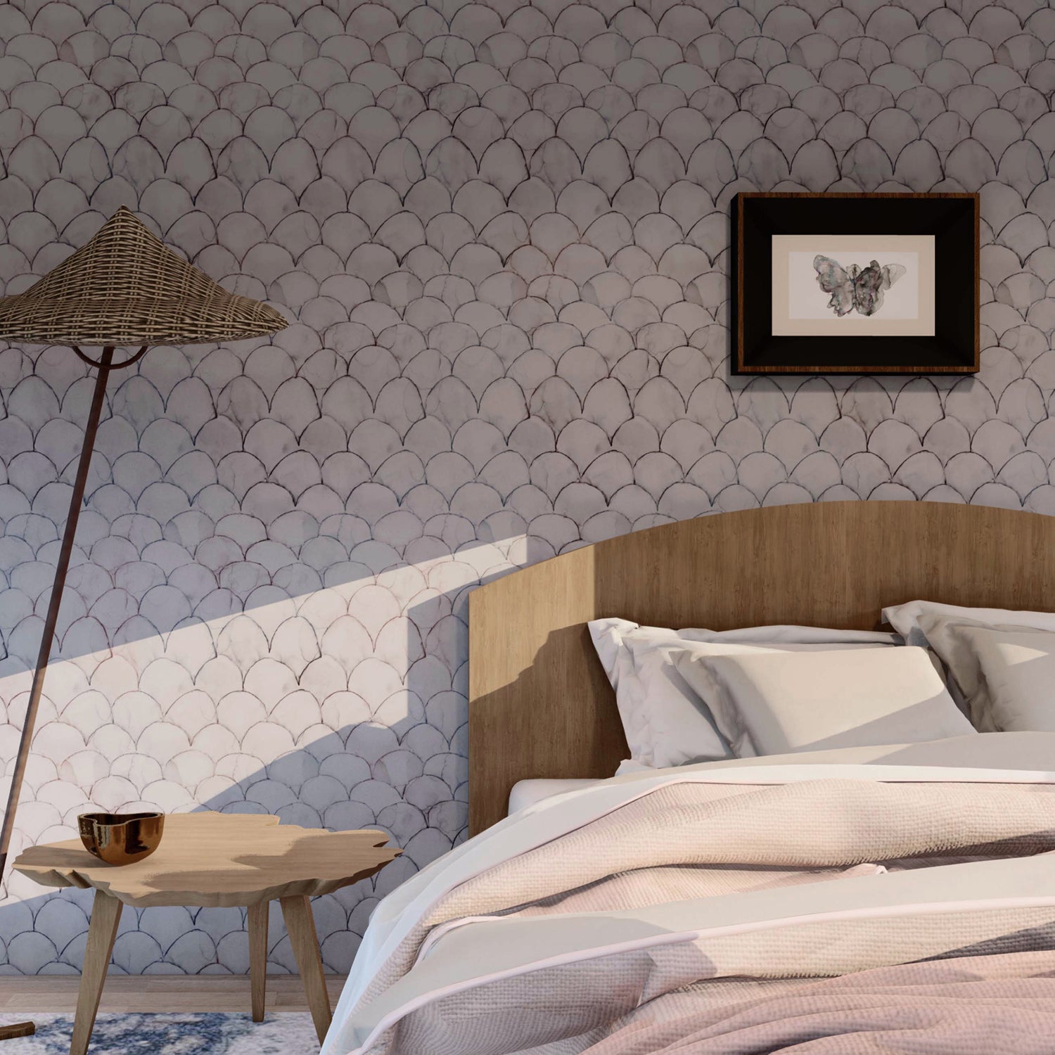 Wallpaper roll in a watercolor linear scallop pattern in purple on a lilac field. 
