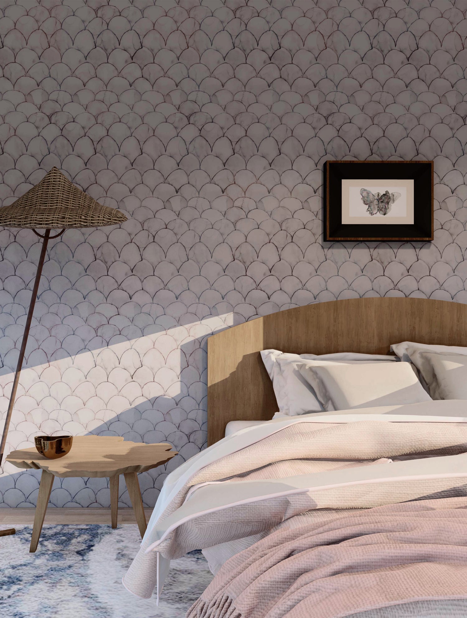 Wallpaper roll in a watercolor linear scallop pattern in purple on a lilac field. 