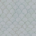 Detail of wallpaper in a watercolor linear scallop pattern in green on a sage field. 