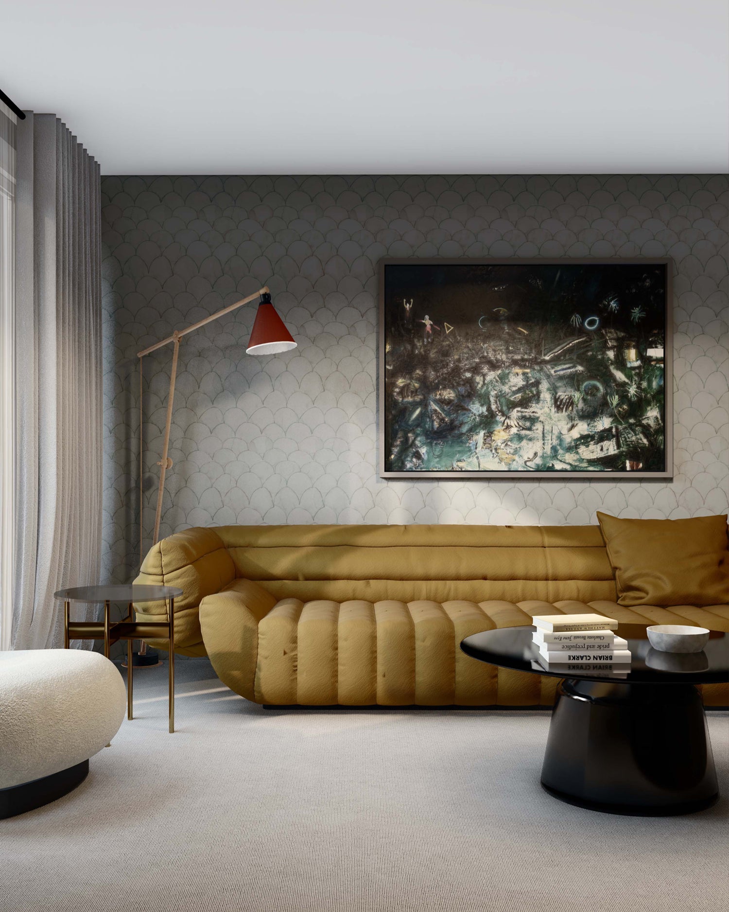 Sophisticated living room scene with sculptural tan couch, black coffee table and floor lamp against a scalloped wallpaper. 