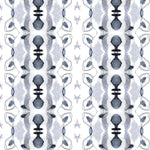Detail of wallpaper in a watercolor ikat stripe print in shades of blue and black on a white field.
