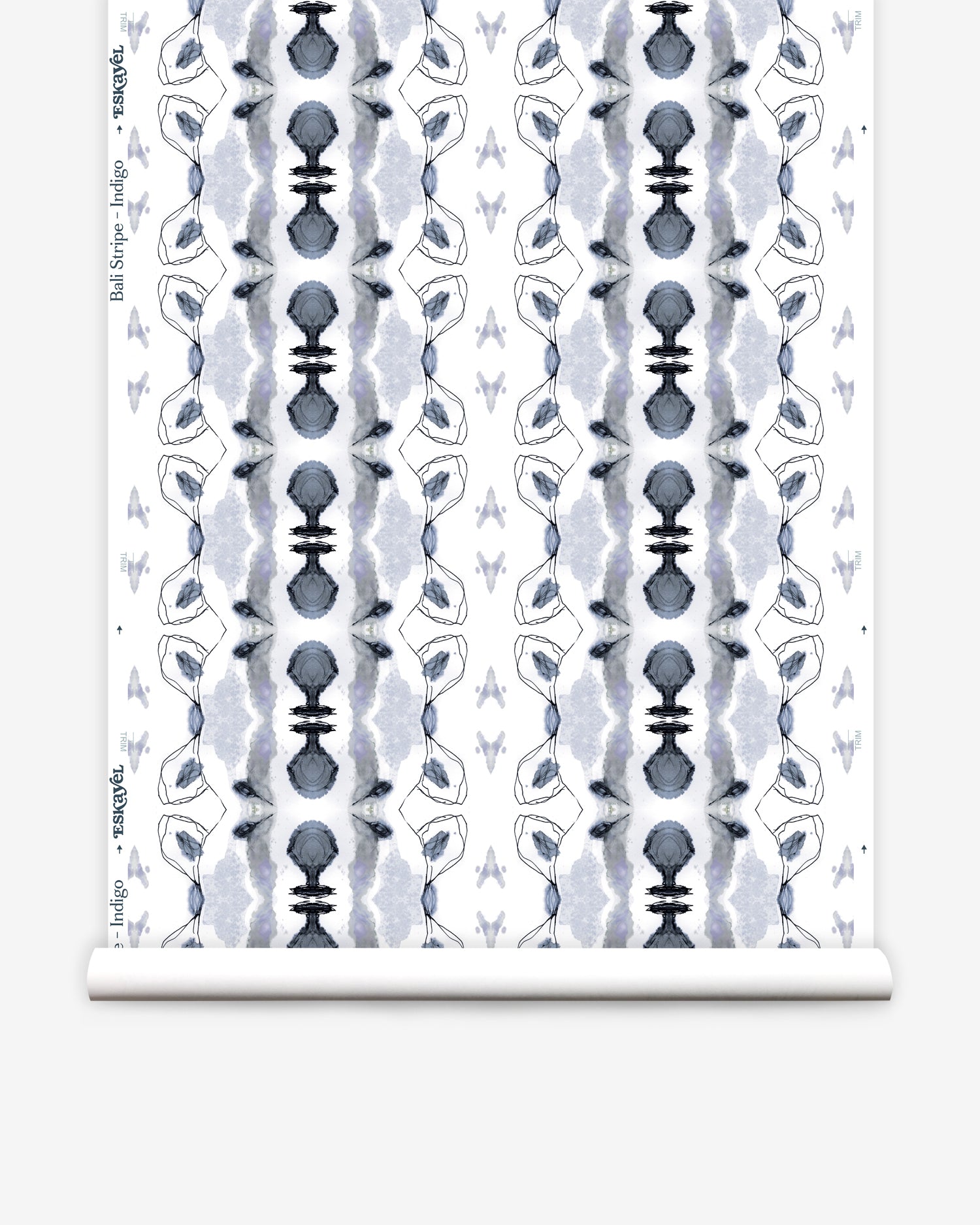 Wallpaper roll in a watercolor ikat stripe print in shades of blue and black on a white field.