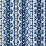 Detail of wallpaper in a watercolor ikat stripe print in shades of white and blue on a gray field.