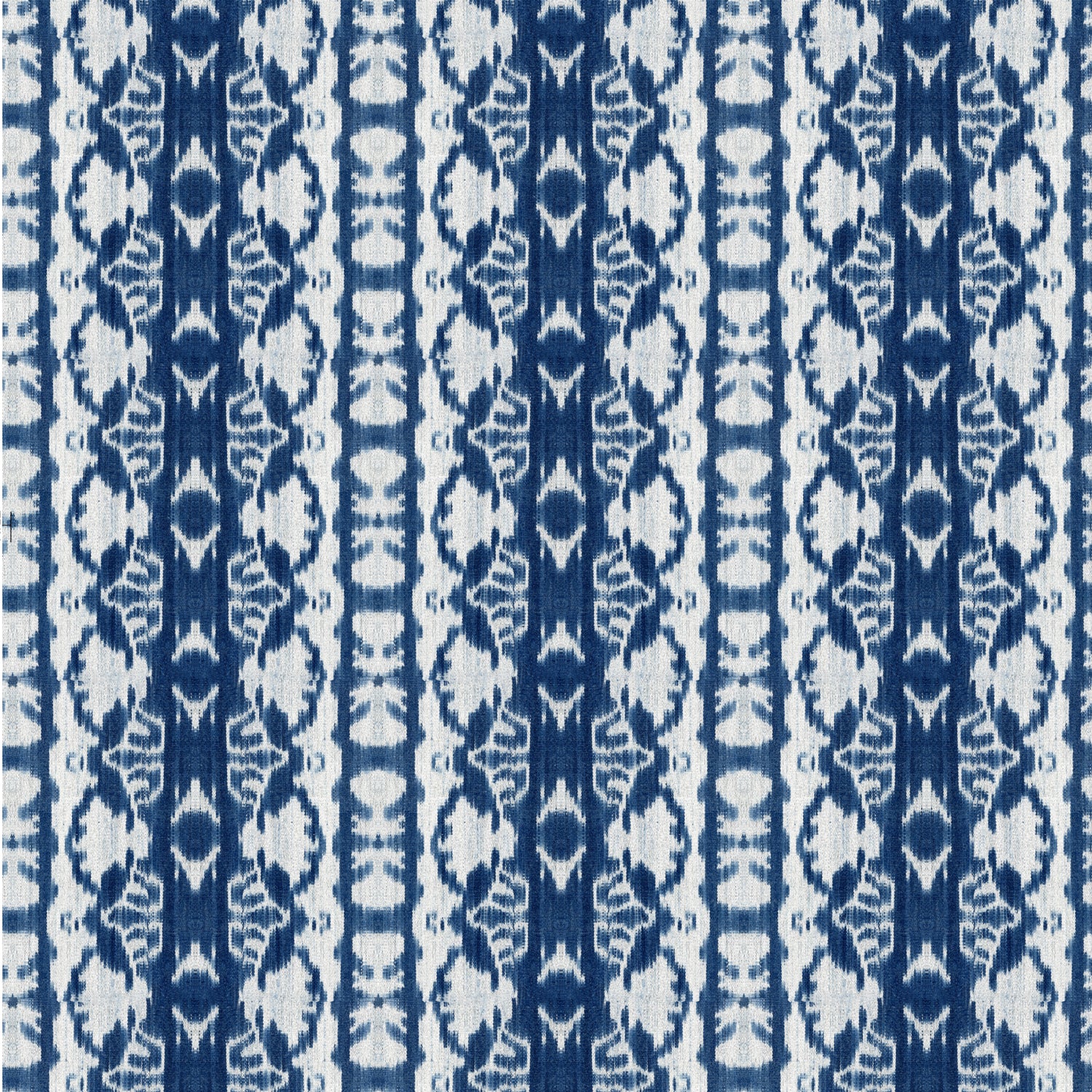 Detail of wallpaper in a watercolor ikat stripe print in shades of white and blue on a gray field.