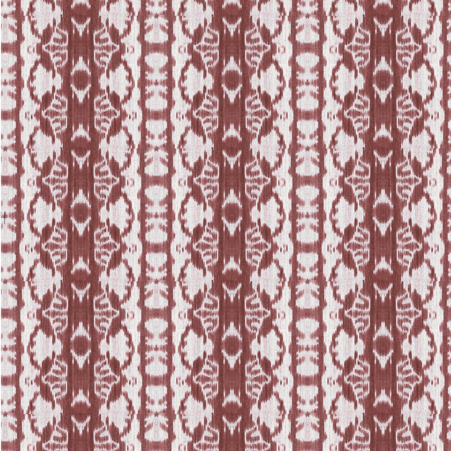Detail of wallpaper in a watercolor ikat stripe print in shades of white on a red field.