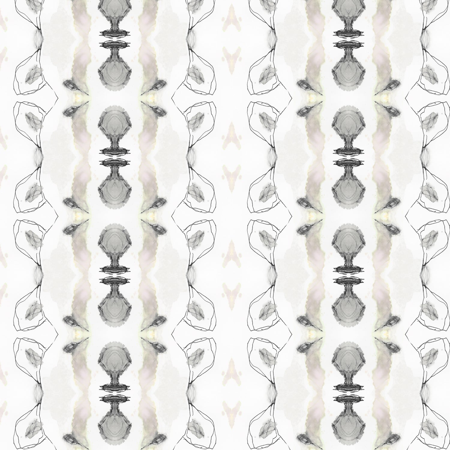 Detail of wallpaper in a watercolor ikat stripe print in shades of cream, pink and gray on a white field.