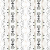 Detail of wallpaper in a watercolor ikat stripe print in shades of cream, pink and gray on a white field.