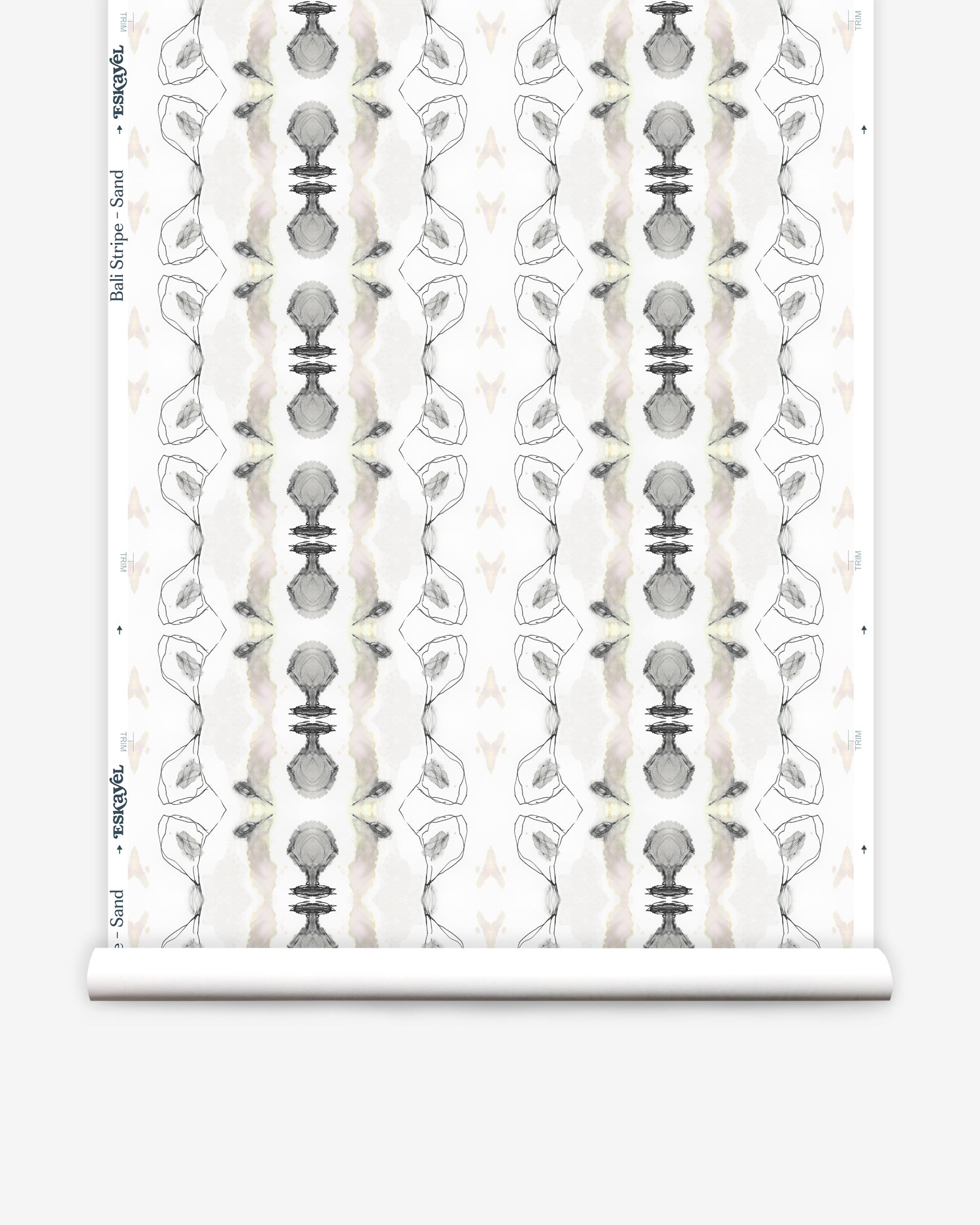 Wallpaper roll in a watercolor ikat stripe print in shades of cream, pink and gray on a white field.