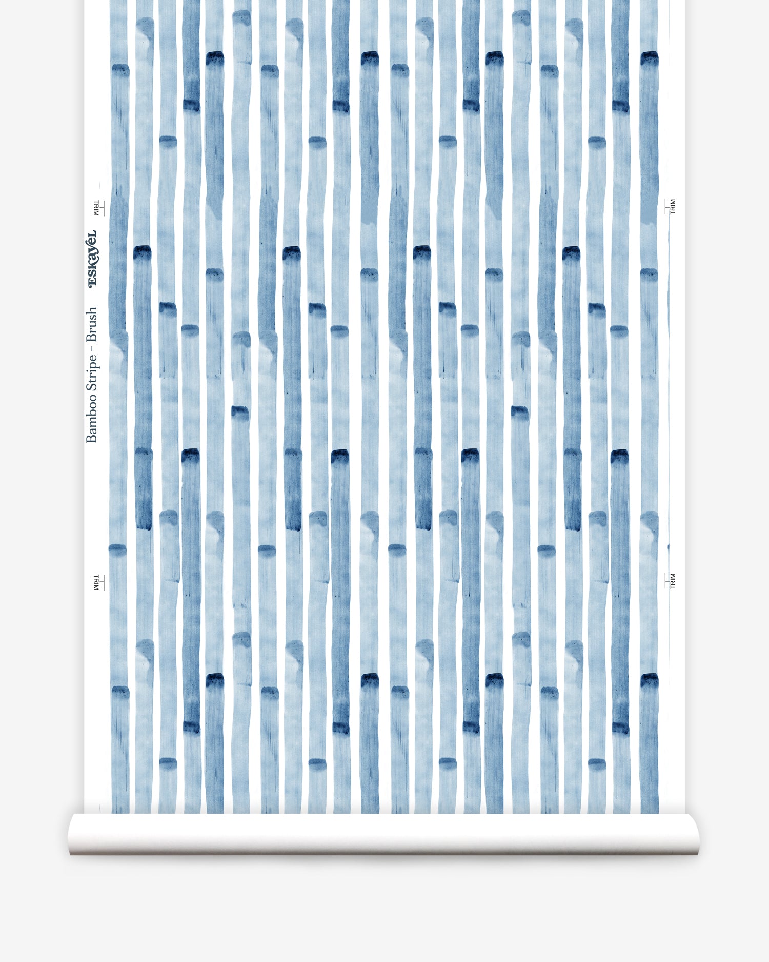 Wallpaper roll in a painterly stripe print in blue on a white field.