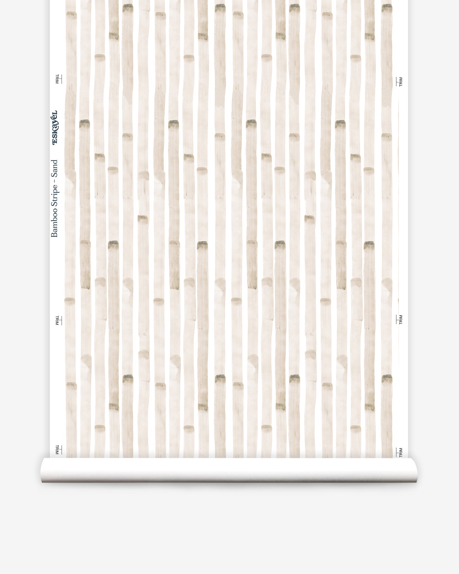 Wallpaper roll in a painterly stripe print in tan on a white field.