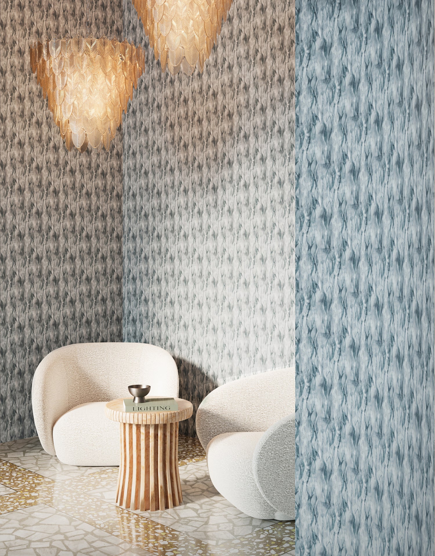 Dramatic tableau with white side chairs, sculptural pedestal table and glass pendant lamps surrounded by textural steel blue watercolor wallpaper. 