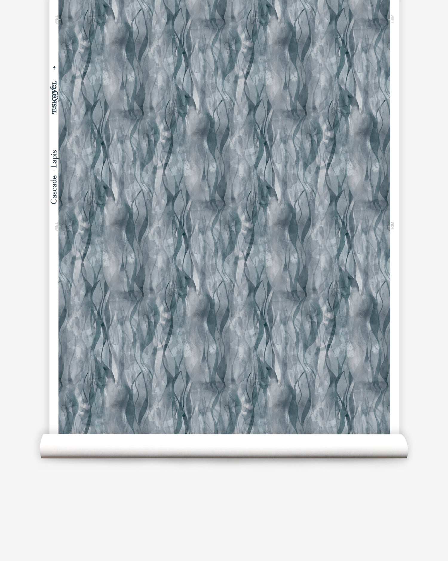 Draped fabric in a layered squiggle watercolor pattern in shades of steel blue. 