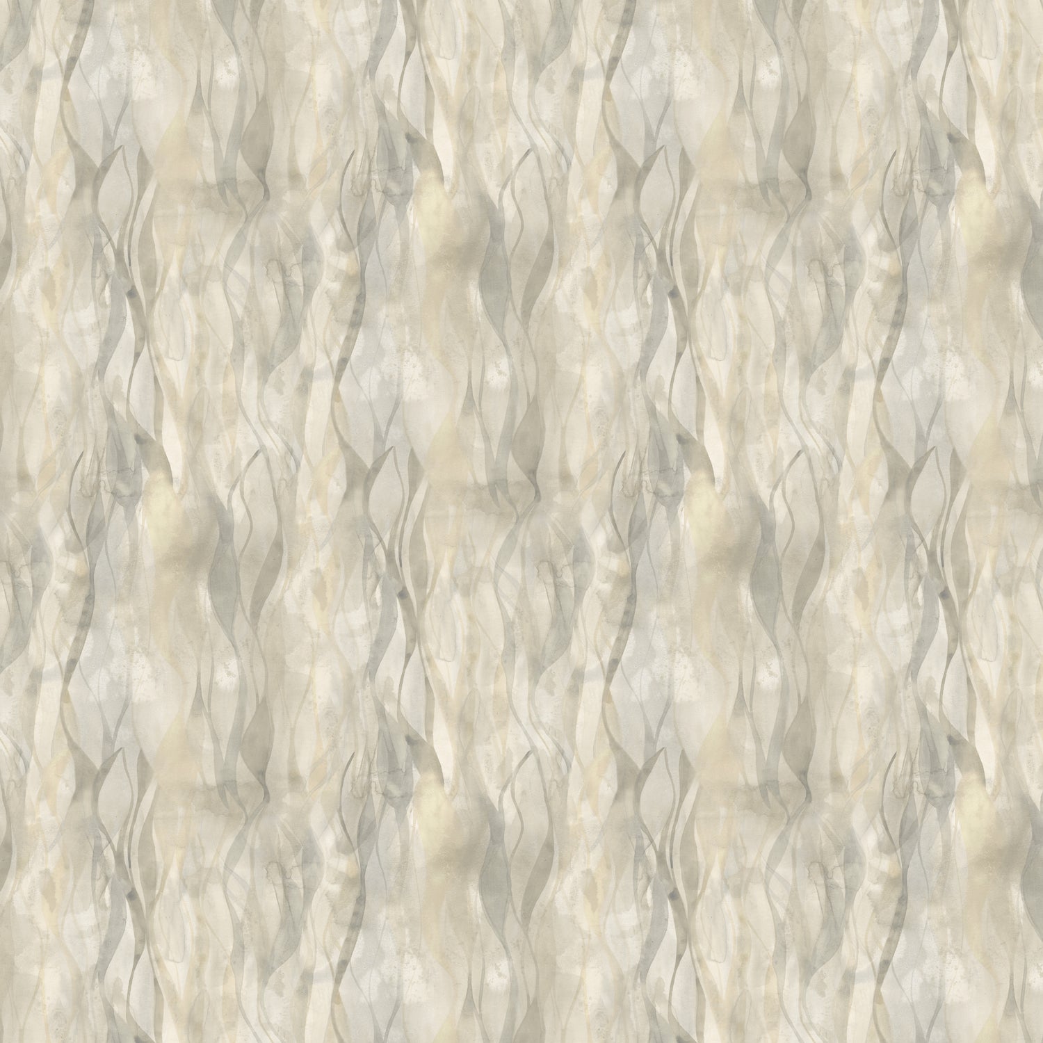 Wallpaper detail in a layered squiggle watercolor pattern in shades of grey and warn tan. 
