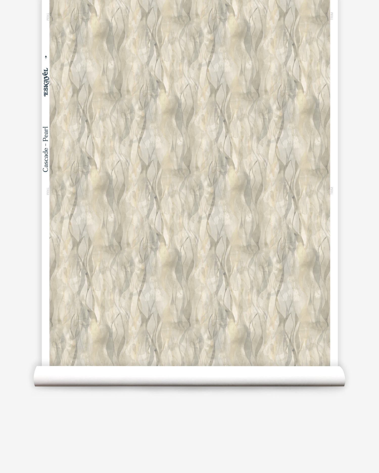 Wallpaper roll in a layered squiggle watercolor pattern in shades of grey and warn tan. 