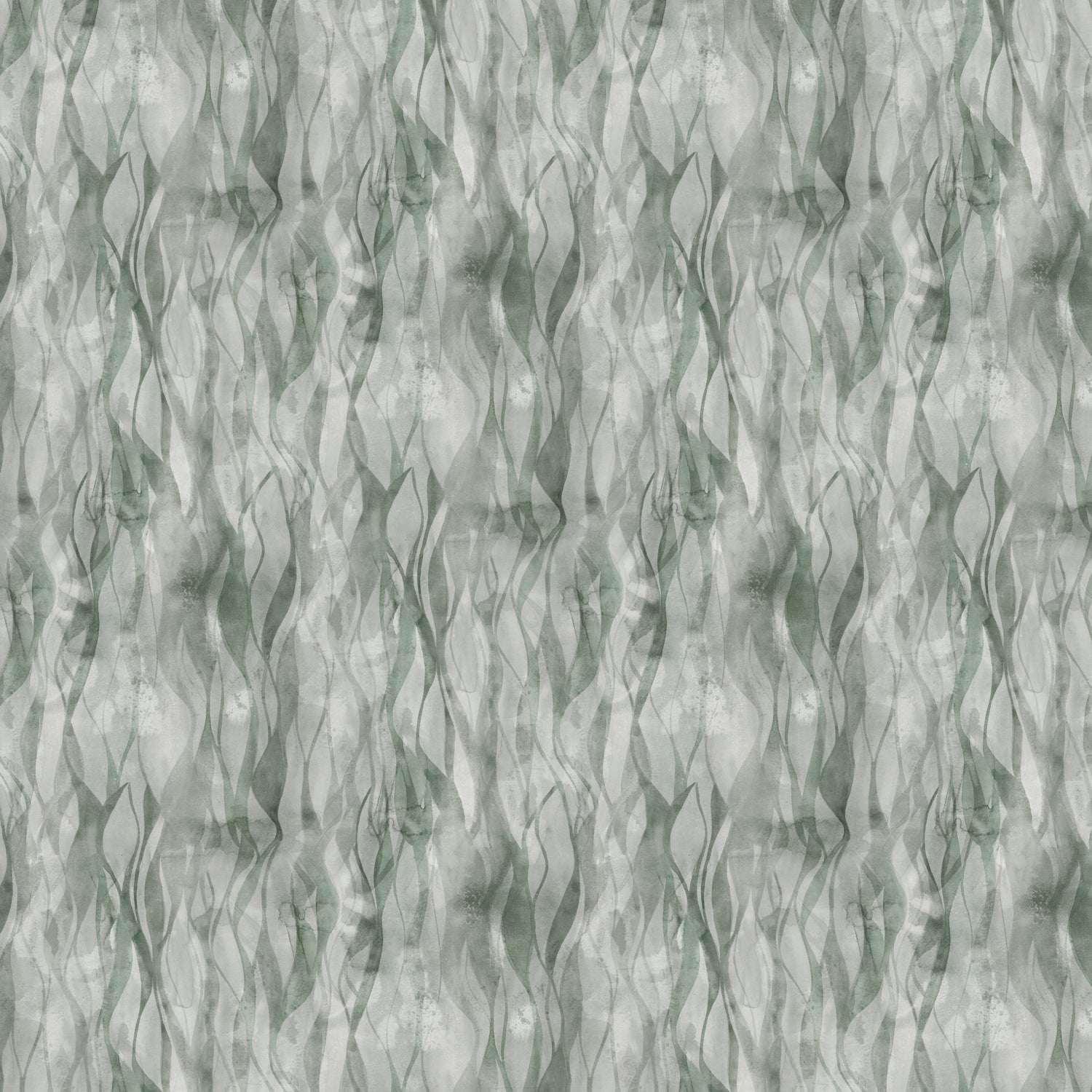 Wallpaper detail in a layered squiggle watercolor pattern in shades of muted teal. 