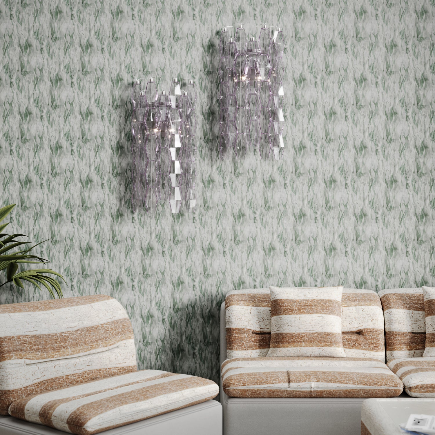 Vintage living room with striped couch and glass sconces against textural watercolor in muted teal. 
