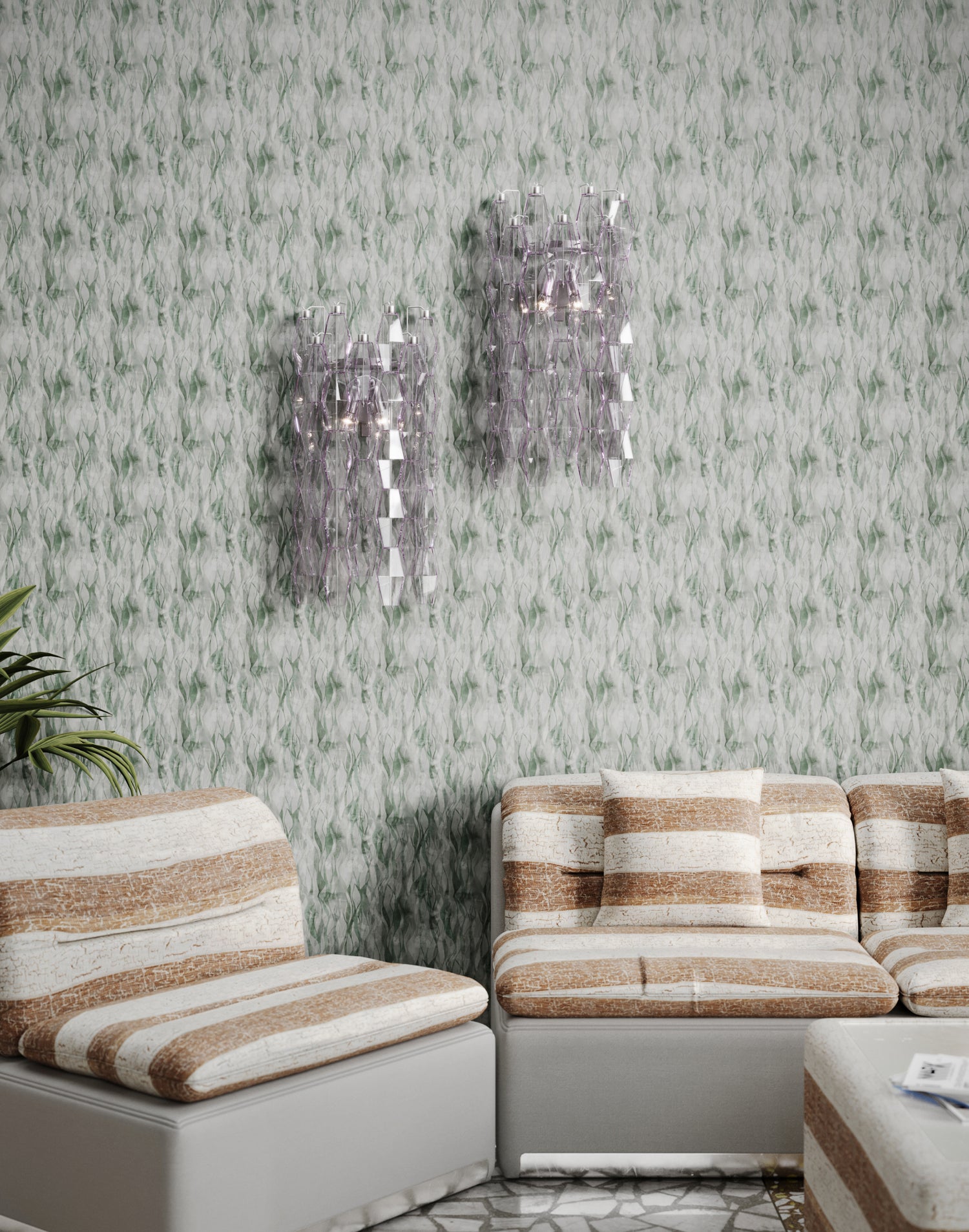 Vintage living room with striped couch and glass sconces against textural watercolor in muted teal. 