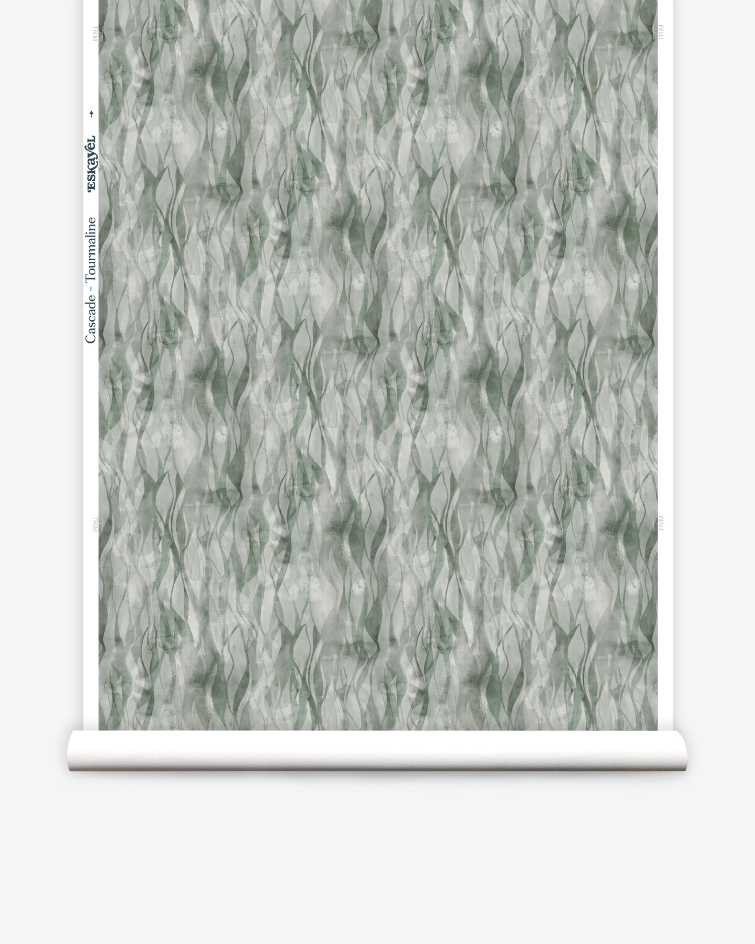 Wallpaper roll in a layered squiggle watercolor pattern in shades of muted teal. 